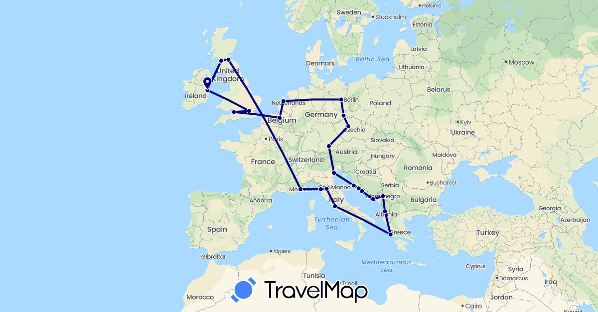 TravelMap itinerary: driving in Albania, Belgium, Czech Republic, Germany, United Kingdom, Greece, Croatia, Ireland, Italy, Monaco, Montenegro, Netherlands (Europe)